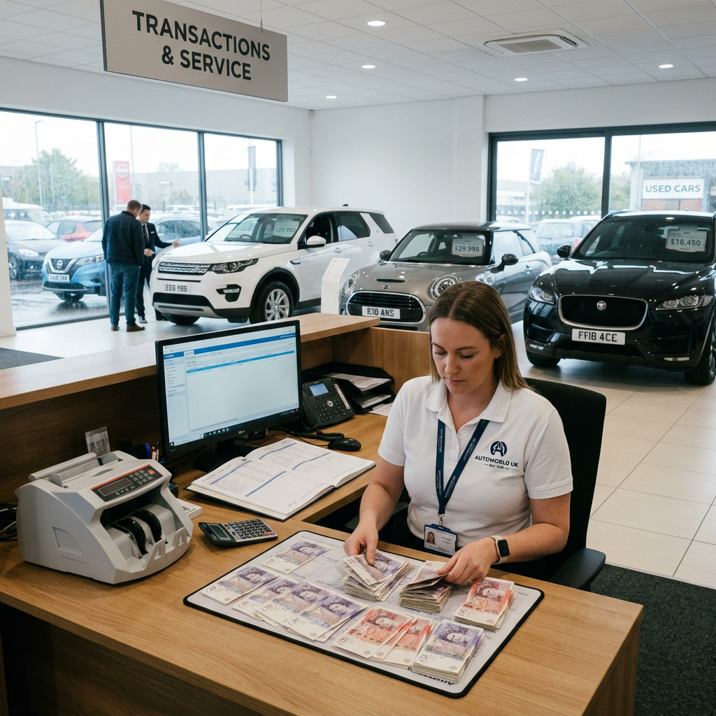 Dealership employee counting British currency at service desk inside car showroom